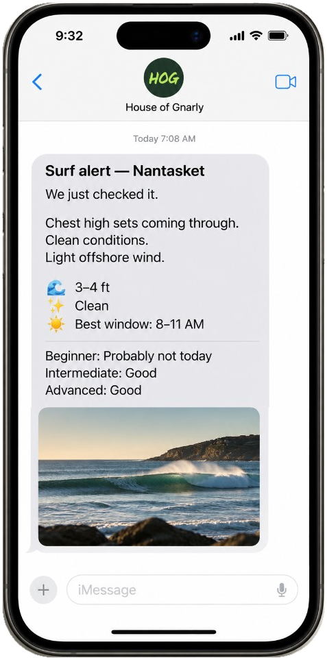Example House of Gnarly surf alert text for Nantasket